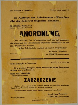Decree in German and Polish issued by the Jewish Council in Warsaw, on August 25, 1942